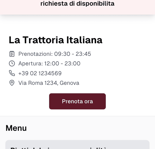 Pagina del ristorante con informazioni e menu