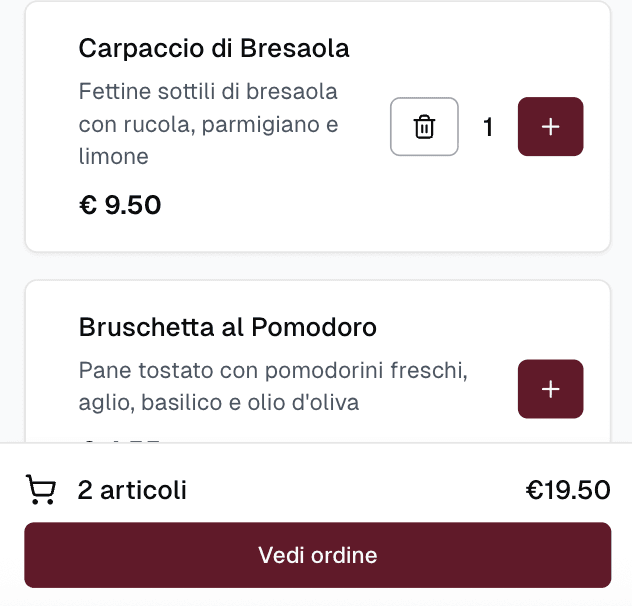 Menu del ristorante con piatti selezionabili